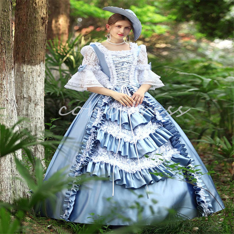 Historical Blue French Duchess Prom Dress Rococo Lace Steampunk Renaissance Bustle Evening Gowns Aesthetic Party War Marie Antoinette Formal Occasion 
