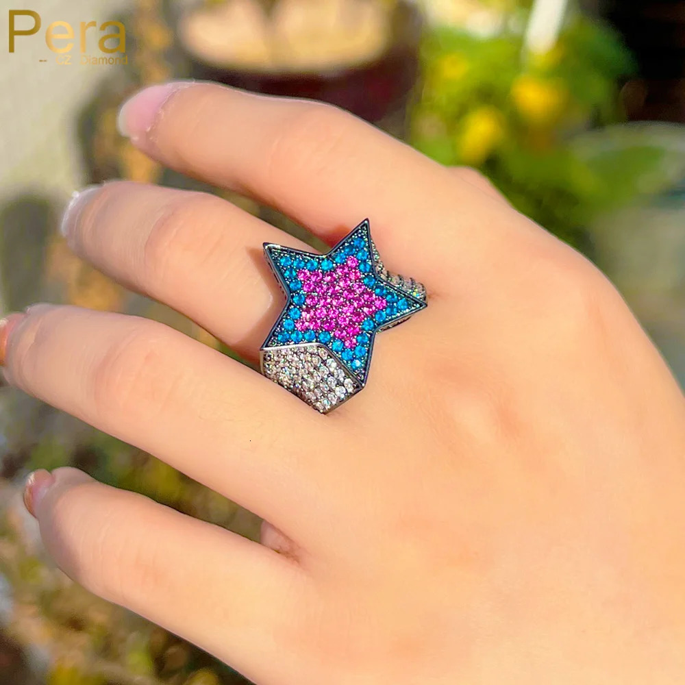 Pera Milan Hip Hop Rock Five Star Rings Gold Color Iced Out CZ Zircon Pentagram Women Wedding Party Jewelry R198 250107
