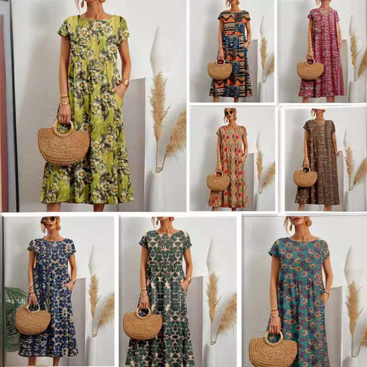 New Fashion Women's Loose Cotton Linen Sleeveless Round Neck Printed Summer Dress