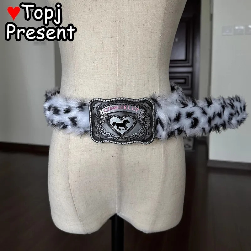 Leopard for Friend Y2K Harajuku Retro Western Cow Cow Punk Furry Fur Waist HipHop Punk Rock Streetwear Belt 250107