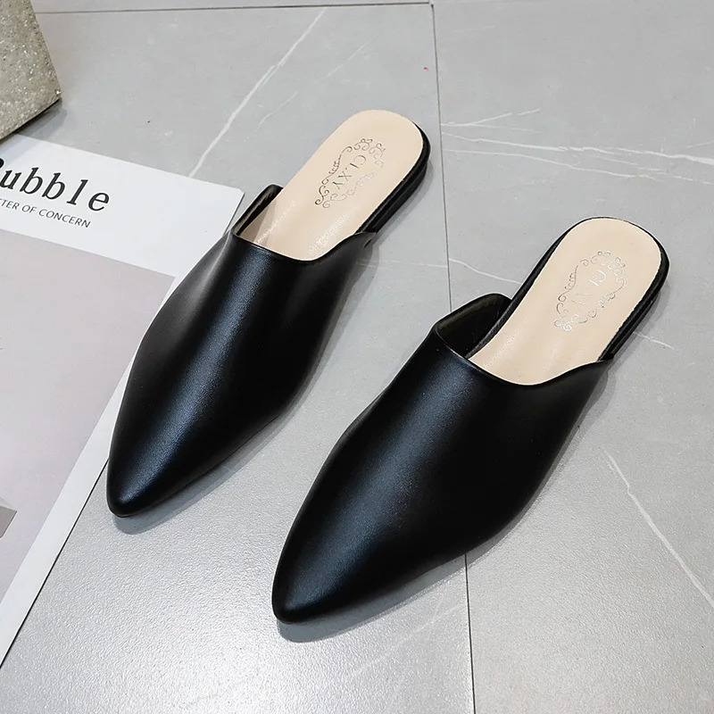 Women Spring Summer Slippers Mules Soft Leather Pointed Toe Slip On Sandalias Soild Mature Fashion Casual Low-heeled Shoes Mujer 250107