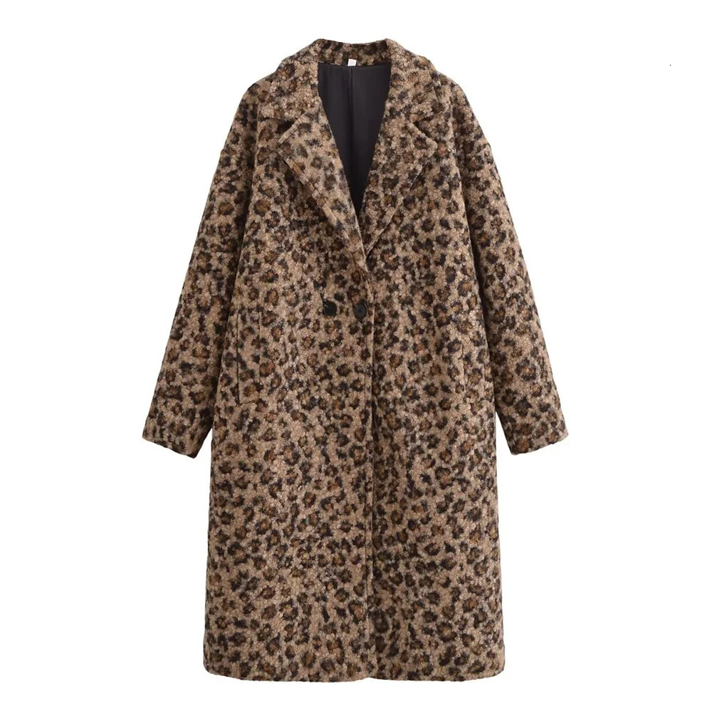 UNIZERA Womens Simple Double breasted Hairy Leopard Pattern Loose Coat AutumnWinter Mid length 250103
