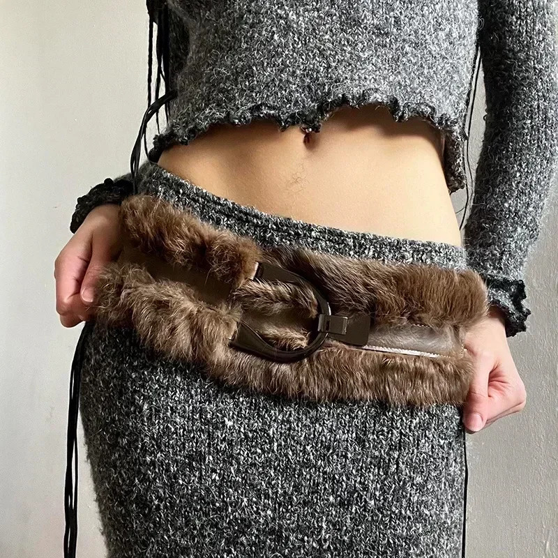 Vintage Brown PU Leather Fur Belt Y2K Hook Furry Fur Belt Cow Gothic Punk Sexy Belts HipHop Waistband Jeans Pants Decor 250107