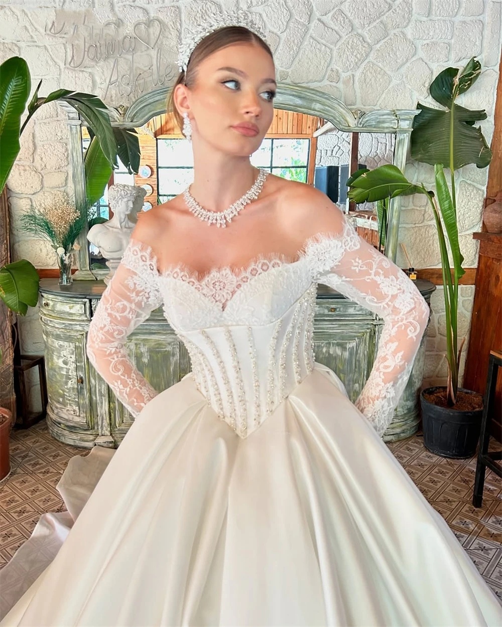 Elegant A-e Bridal Dress with Lace Appliques, Off-Shoulder Long Sleeves, Sweep Train, Customizable, 2024 Wedding Gown