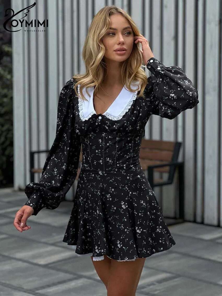 Oymimi Elegant Black Patchwork Womens Fashion Print Long Sleeve Lace Dresses Casual High Waist Pleated Mini Dress Female