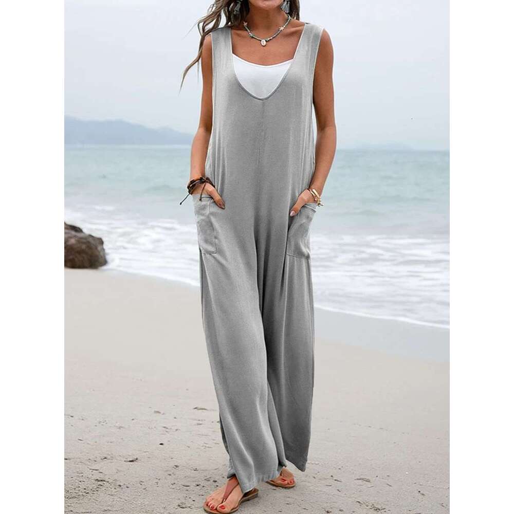 Summer New Solid Color Patch Bag Fashion Jumpsuit V-Neck Backband Wide Leg Long Pants For Women