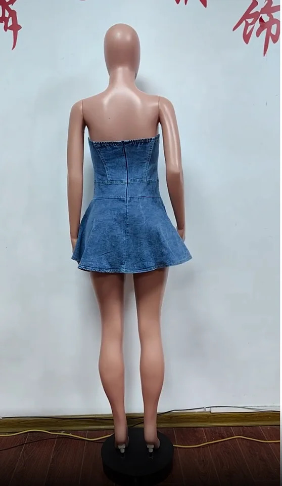 Lovely Lady Denim Club Dress Sexy Women Strapless Elegant Blue Jeans Skater Party Dress 250107