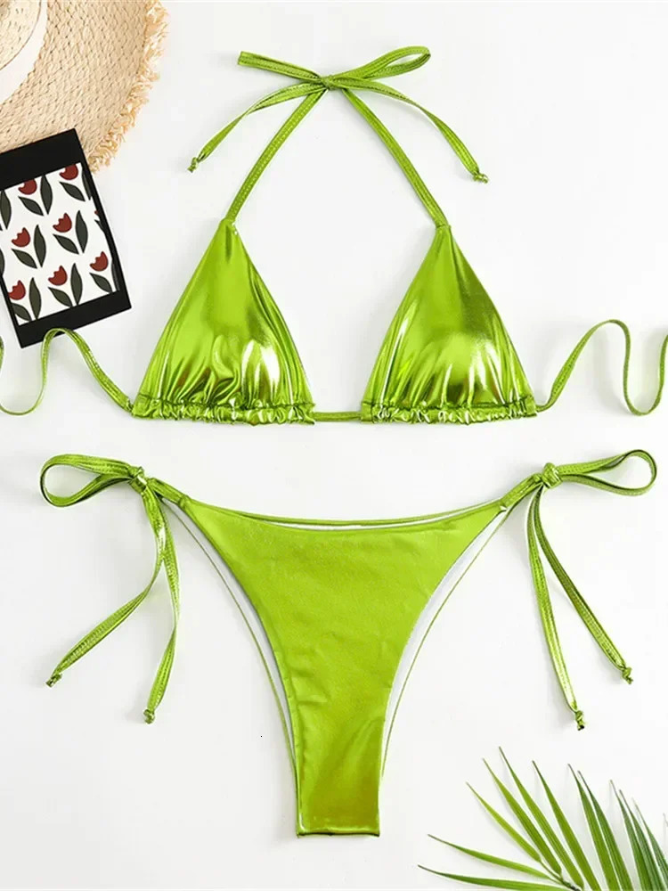 Sexy Brozing Gold Bikinis Sets Women Push Up Micro Bikini Swimsuit 2024 Brazilian Beach Bathing Suit Tie Side Triangle Swimwear250107