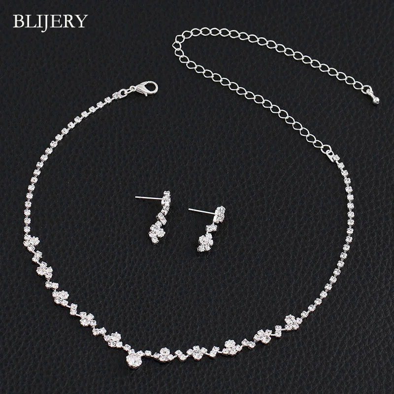BLIJERY Silver Plated Crystal Bridesmaid Bridal Jewelry Sets Geometric Choker Necklace Earrings for Women Wedding 250103
