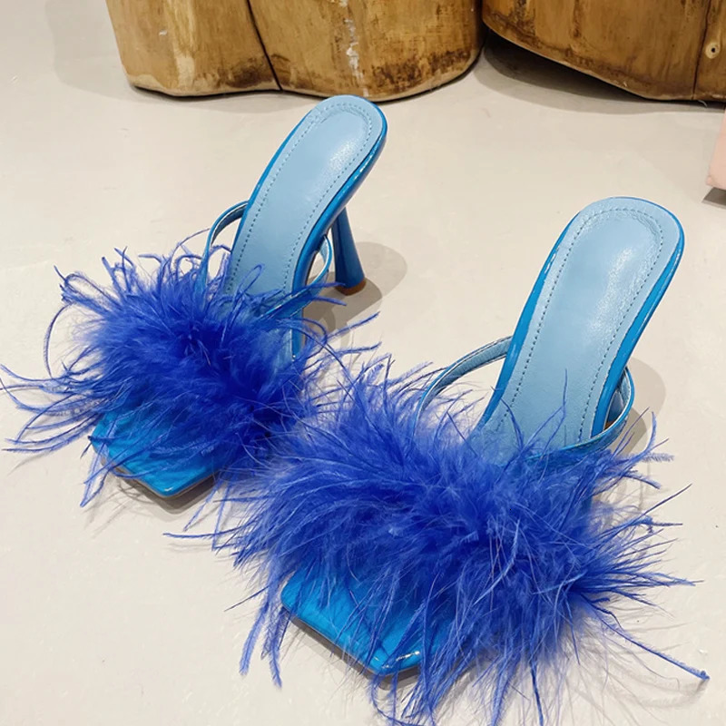 Liyke Summer Fashion Yellow Fluffy Furry Women Slippers Mules High Heels Slides Female Gladiator Sandals Party Banquet Shoes 250107