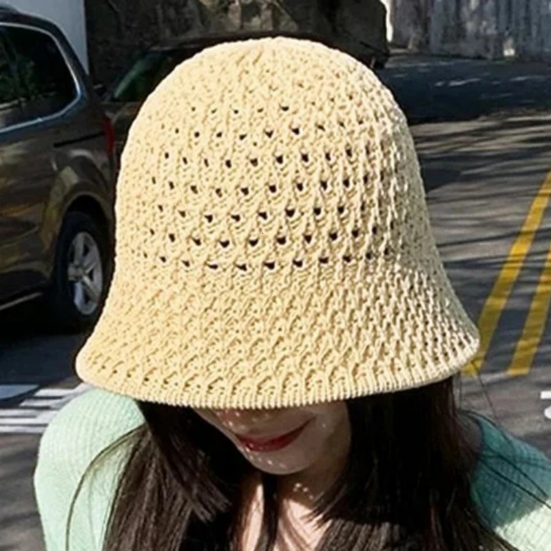 Summer Handmade Crochet Floppy Hats Collapsible Dome Bucket Hat Hollow Out Solid Color Beach Caps Simple Soft Women Hat 2024 250107