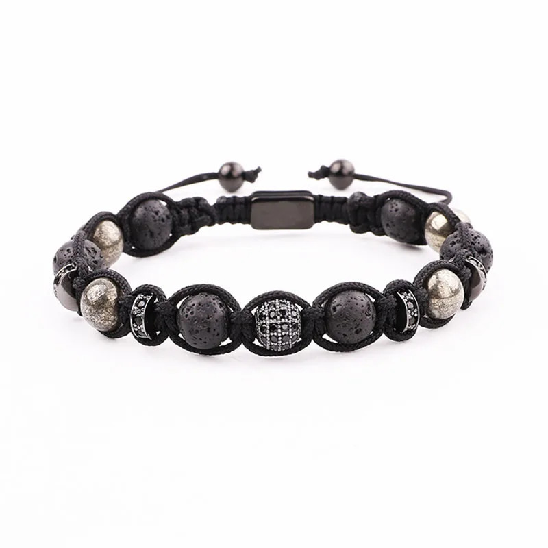 CZ Pave Ball Lava Stone Pyrite Braided Macrame Cord Bracelet Men Jewelry Gift 250107