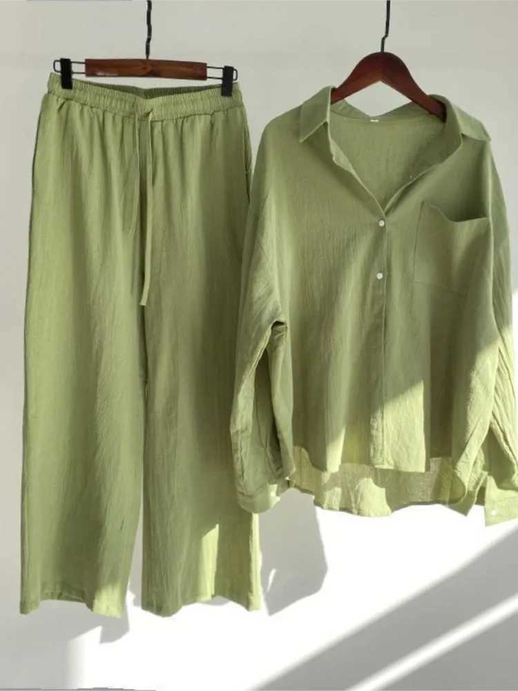 Spring and summer womens two-piece casual long Sve shirt womens set fashion button casual womens wide leg pants 2-piece set W250108