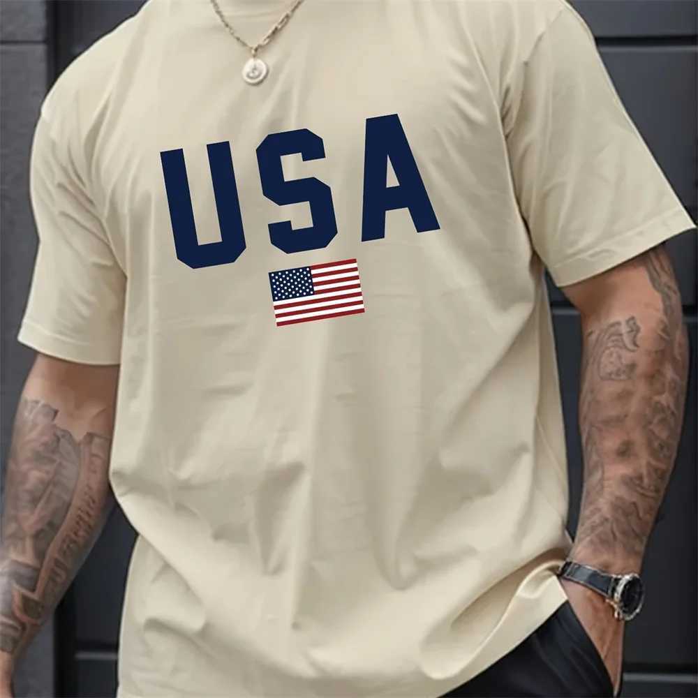 Mens Summer Crew Collar Letter Pattern Short Sleeve T-shirt - Breathable Polyester Fabric Slightly Stretching Regular Fit Casual M250410