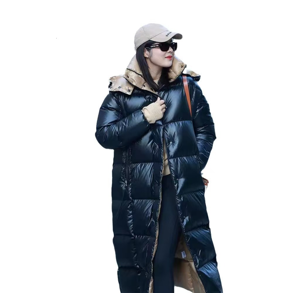 Designed Long bread detachable cap long white duck down jacket winter warm black over knee
