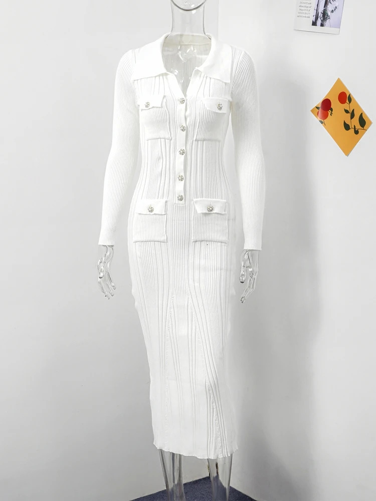 Mermaid Knitted Dress Women Polo-neck Long Sleeves Single Breasted Female Dresses 2024 Autumn Winter Slim Hip Package Lady Robe 250107