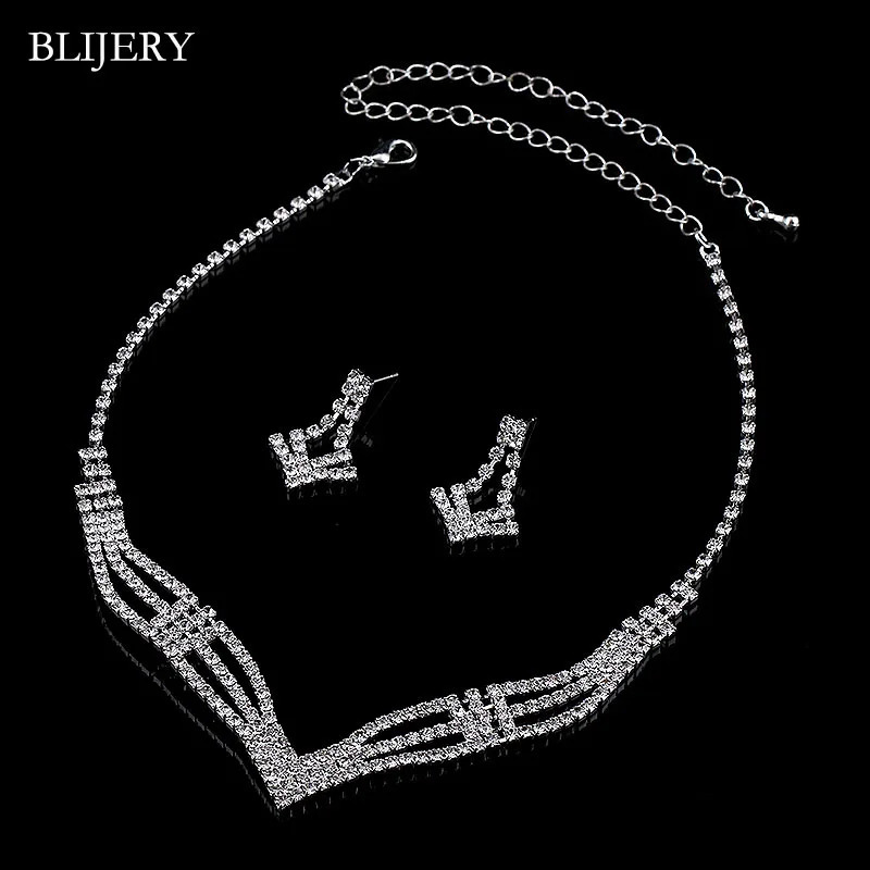 BLIJERY Silver Plated Crystal Bridesmaid Bridal Jewelry Sets Geometric Choker Necklace Earrings for Women Wedding 250103