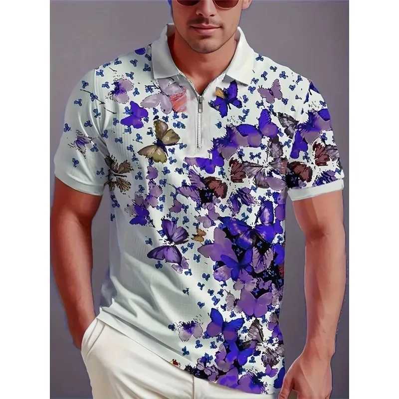 Mens POLO Shirt Fashion Butterfly Print Short-sleeved Casual Business Short-sleeved Summer Comfortable Zipper POLO ShirtXJ250108