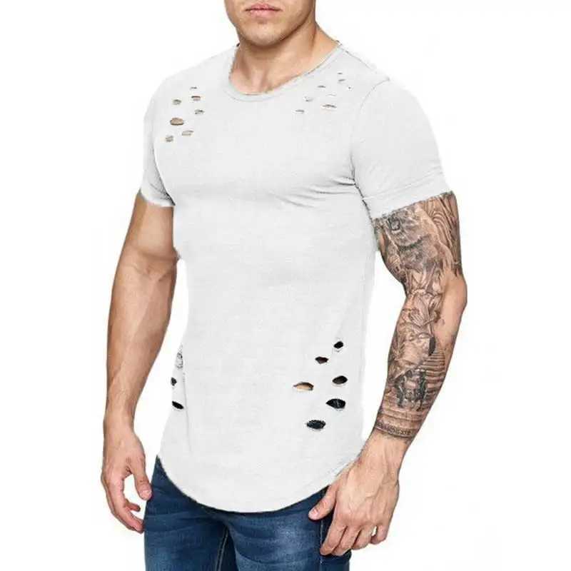 Hole ripped t-shirt mens short sleeved t-shirt fitness summer clothing mens fun solid t-shirt street slimming top M250108