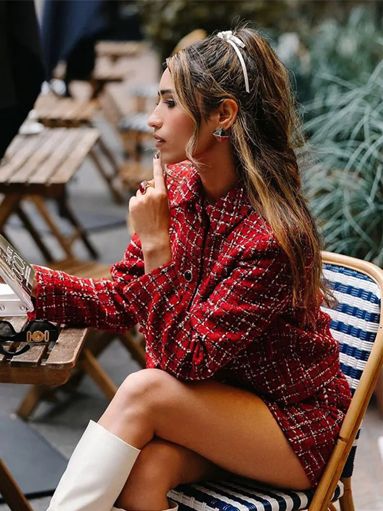 Plaid Knit Contrast Women Jacket Set A Line High Waist Lady Mini Skirt Suit 2024 Fashion Autumn Christmas Slim Female Top Sets 241225