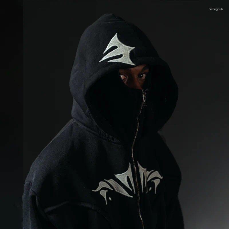 Mens Vintage Hoodies: Haruku Embroidery Zip Up Hoodie, Oversized Double Hat Sweatshirt for Men and Women Fashion