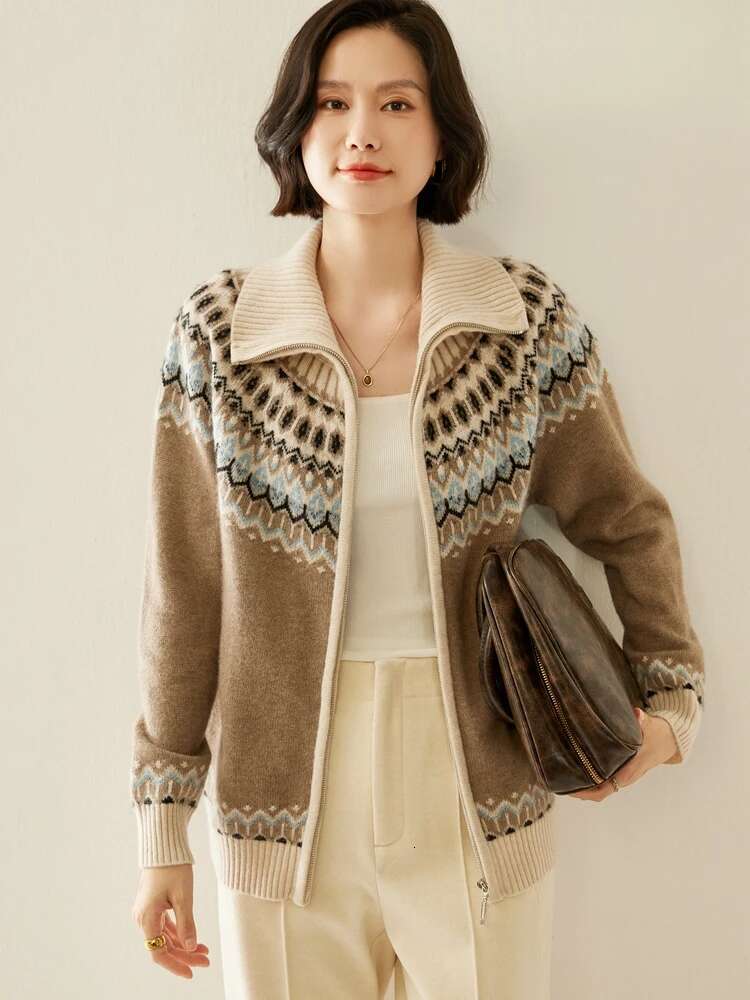 Women Fair Isle Sweater Cardigans Zippers Thick Loose Clothes Autumn Winter 100% Cashmere Knitwear Warm Polo Collar Top