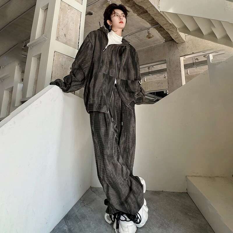 Autumn Tie-Dyed Design Fashion High Street Hooded Jacket Loose Casual Pants Men's Trendy Two-Piece Sets