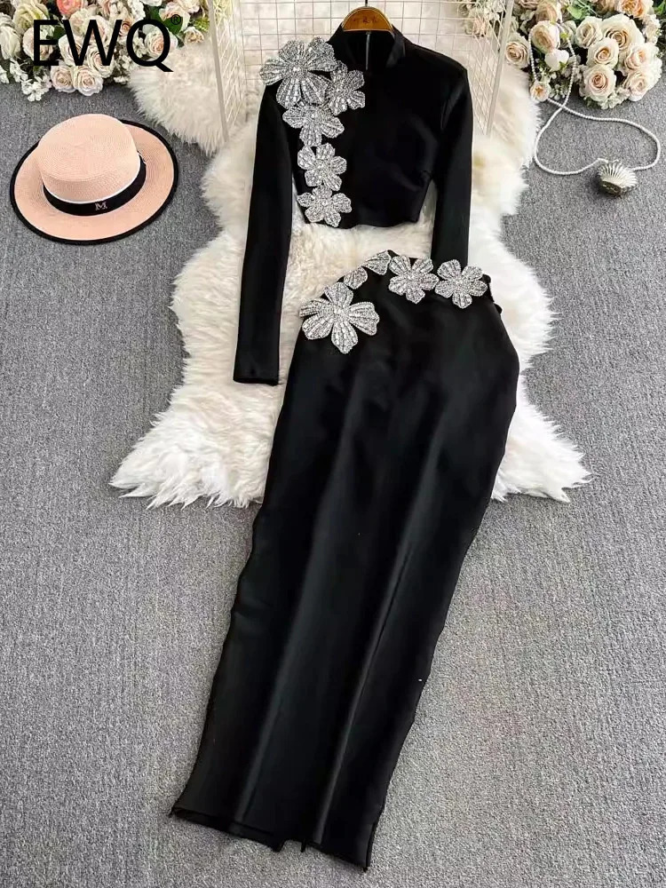 EWQ Elegant Two-piece Set Womens Stand Collar Long Sleeves Diamond Tops With High Waist Split Skirts 2025 Spring 27X1917 250109