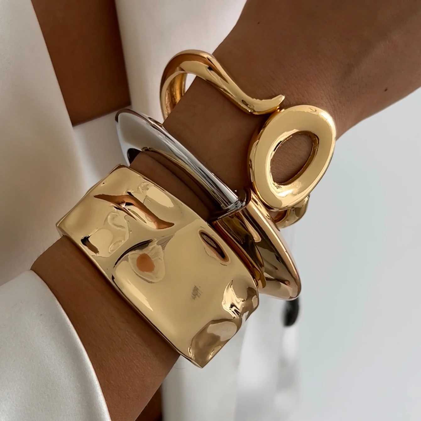 Ingemark Exaggerated Punk Irregular Wide Cuff Bangle for Women Vintage Gold Color Chunky Metal Bracelets Men Hand Jewelry GiftXJ250109