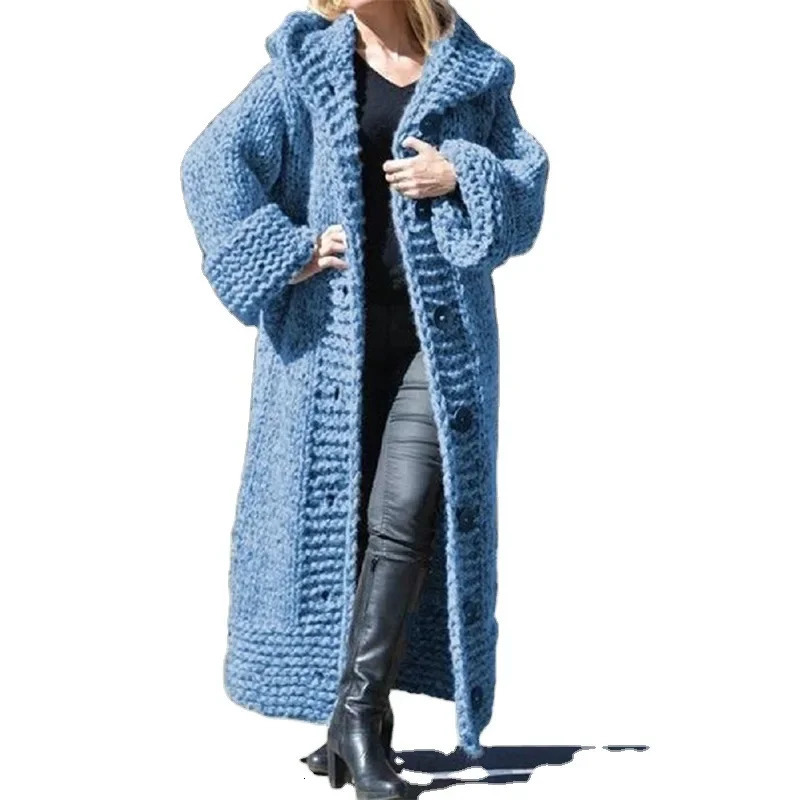 Cardigan Women Hooded Knit Sweater Thick Coat Button Long Jumpers Solid Elegant Loose Coats Jumpers Casual Lady Winter 250106