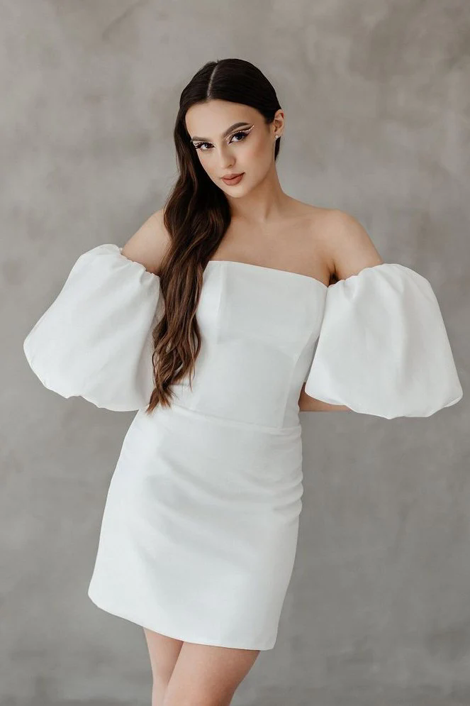 Princess Short Wedding Dress Women 2025 Off The Shoulder Strapless Long Sleeves Satin Simple Bridal Gown Vestido De Noiva Customized