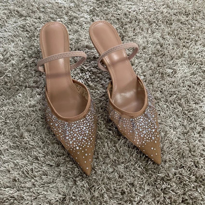 Summer Womens Sandals Rhinestone Bright Mesh High Heels Footwear Elegant Slingback Pointed Slip on Party Lady Pumps Shoes 250106