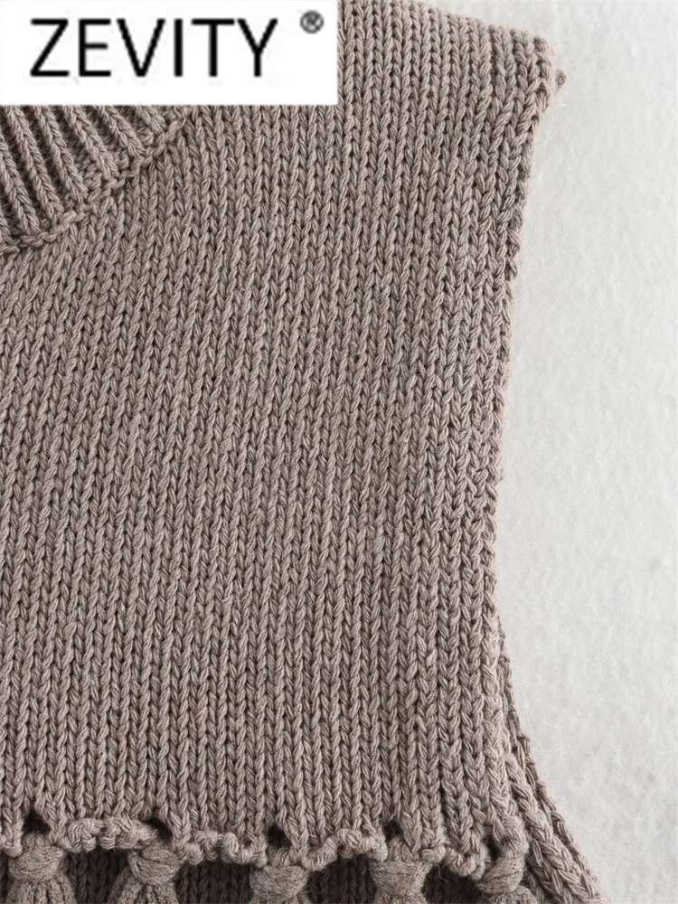 Zevity Women Fashion Sleeveless Cascading Tassel Knitting Vest Sweater Female Chic Stand Collar Waistcoat Pullover Tops Sw7311