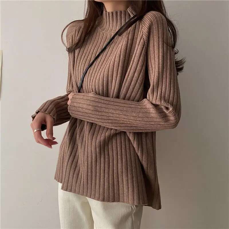 Half Turtleneck Sweater For Women Autumn Winter Korean Style Loose Bottoming Shirt Thickened Versatile Black Long-Sleeved Top