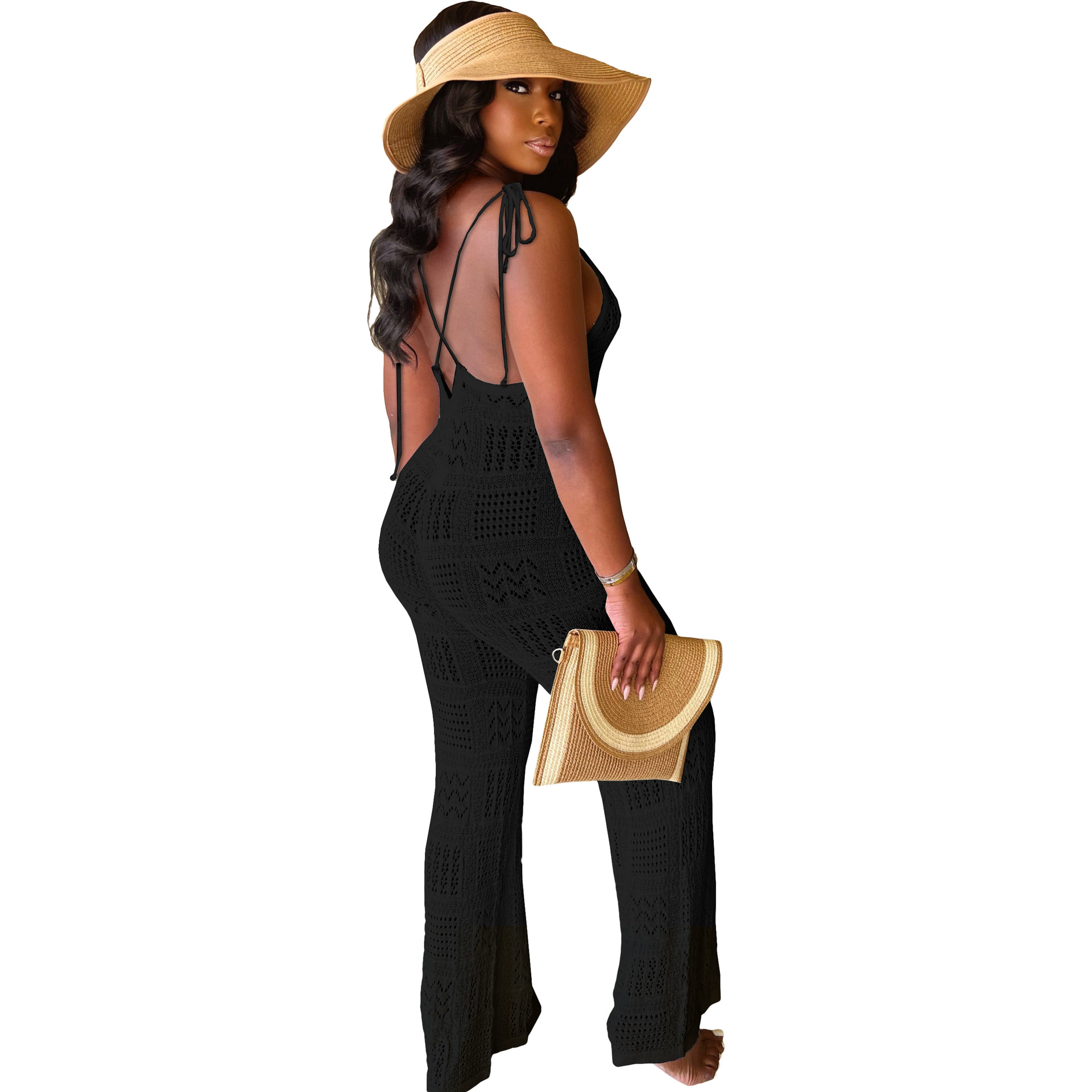 Women's solid color yarn knitted sexy suspender geometric hollow jumpsuit