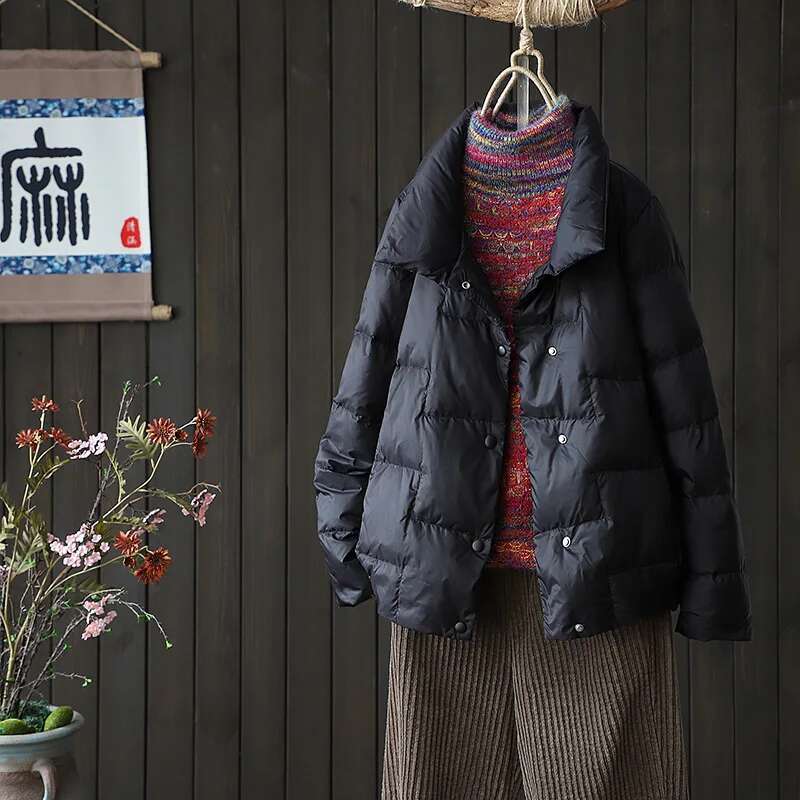 Schinteon Women Light Down Jacket Simple Casual Solid Color Stand Collar Short Outwear Autumn Coat Female New 2023 Fashion