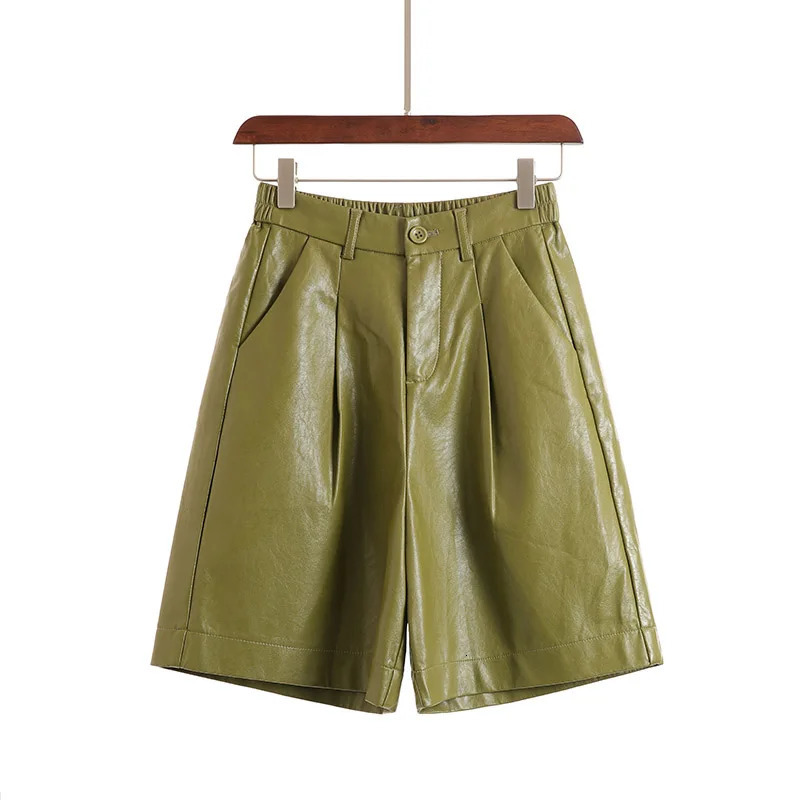 QOERLIN S-4XL Fashion PU Leather Shorts Womens Autumn Winter Bermuda Elastic Waist Loose Five Points Leather Trousers Shorts 250109