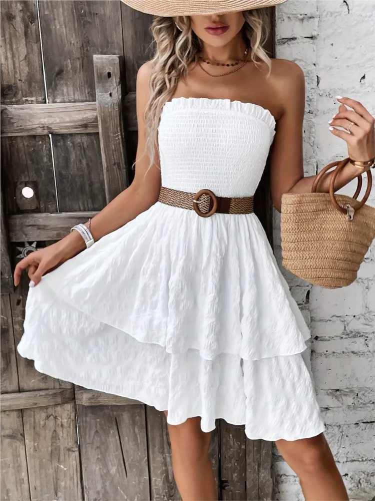 Sexy backless and strapless mini womens new summer fashion white and black casual sleeveless Bohemian beach holiday A-line dress M250109