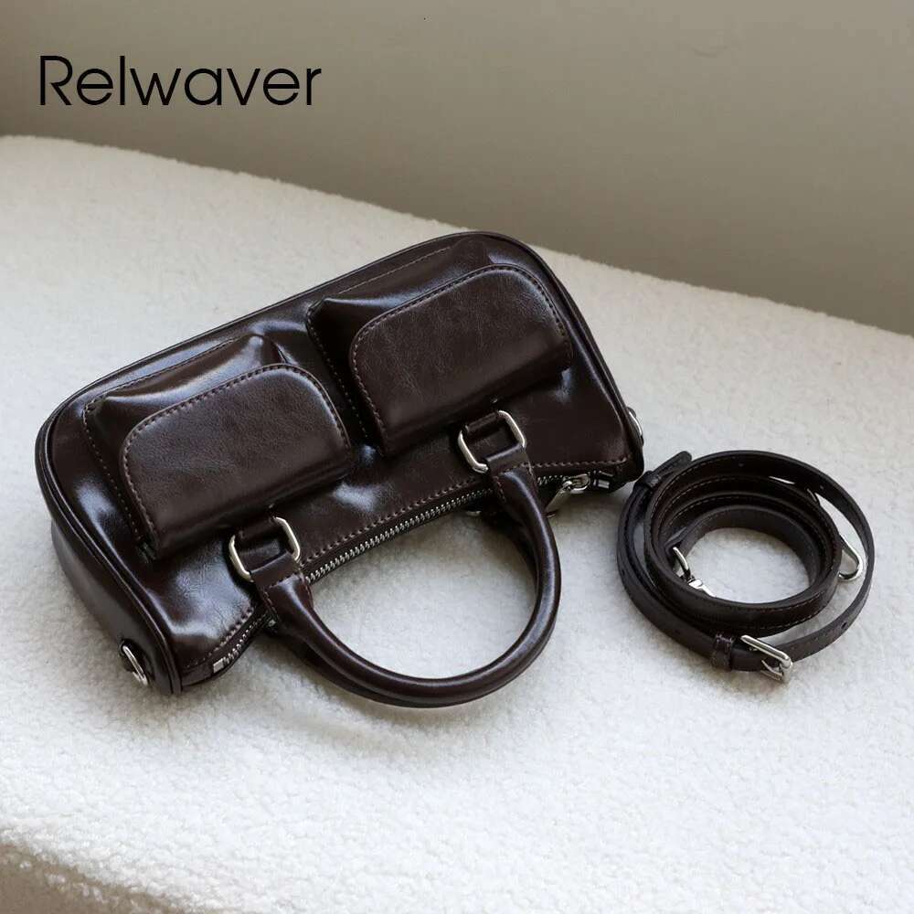 Relwaver Women Handbag Small Cowhide Split Shoulder Bag 2025 Spring Summer Versatile Pocket Waxy Leather Messenger Bags