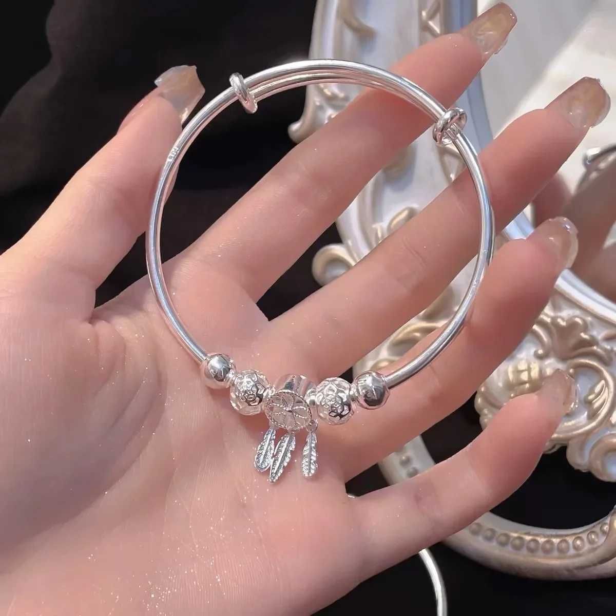 925 Sterling Silver Bracelets for Women Tassel Feather Round Bead Bangle Adjustable Charm Bracelet Luxury Wedding Jewelry GiftsXJ250109