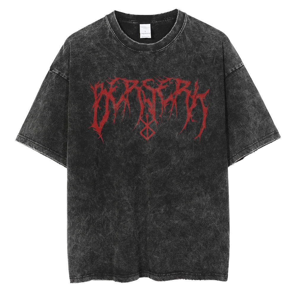 Men Washed Vintage Black Cotton T Shirt Japanese Anime Graph