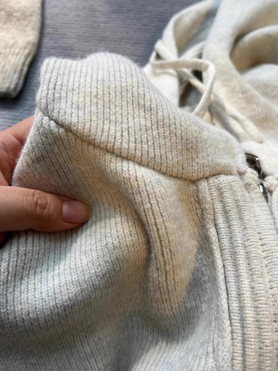 Gray Hooded Sweater Coat Women Spring Autumn Double Zipper Long Sleeve Loose Knitted Cardigans Simple All-matched Hoodies 250106