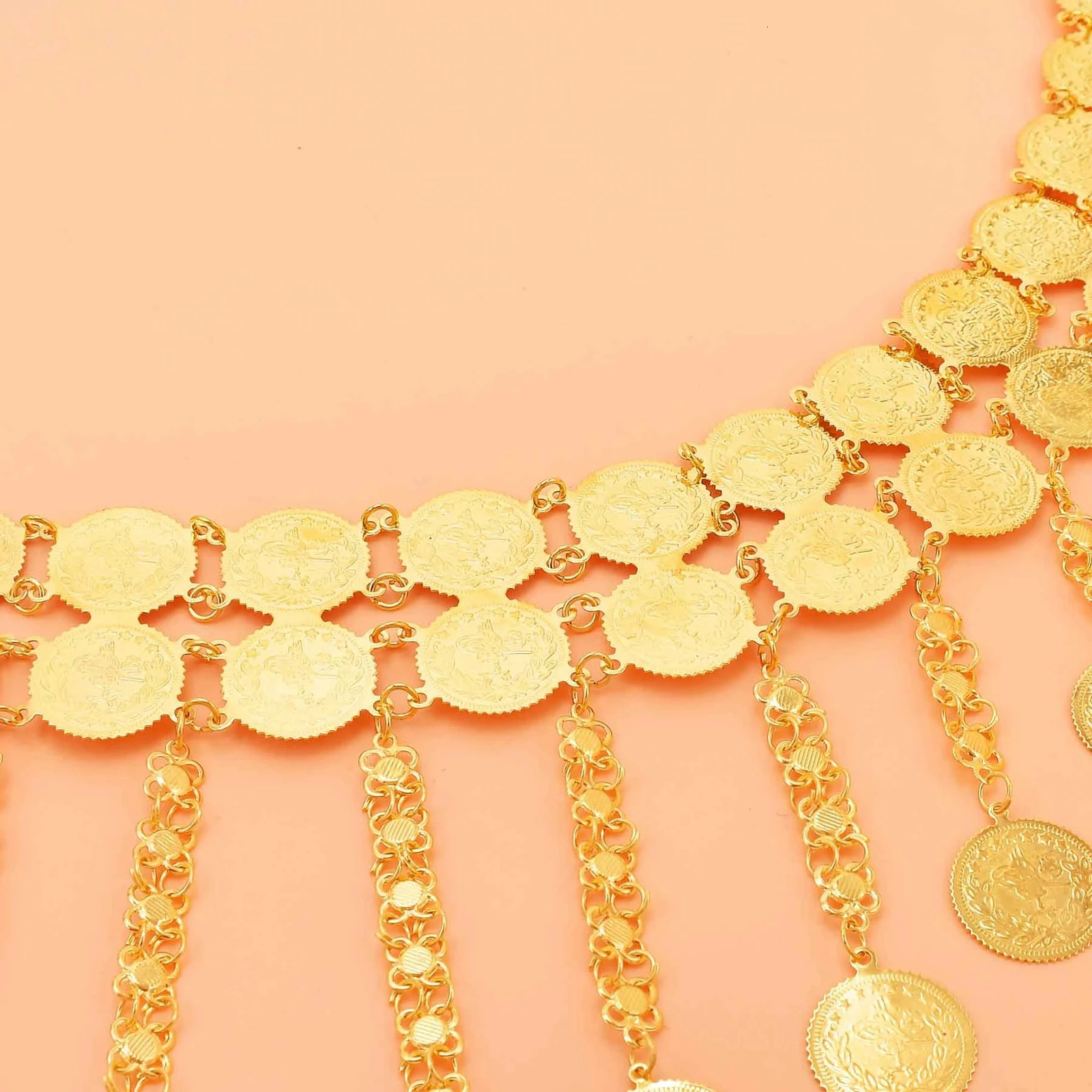 Golden Double Layer Coins Long Chain Pendant Body Jewelry Belly Chains Arab Turkey Kurdish Indian Folk Costume Belts for Women 250107