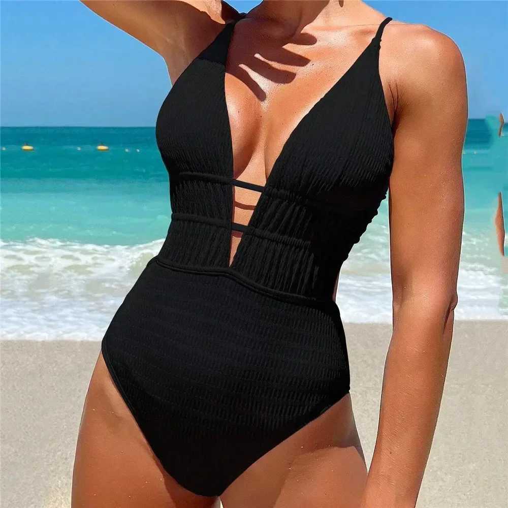 Sexy Black Ribbed ss Swimwear Woman 2024 One Piece Swimsuits String Cross Swimming Wear Bathing Suit Bathers BodysuitXJ240108