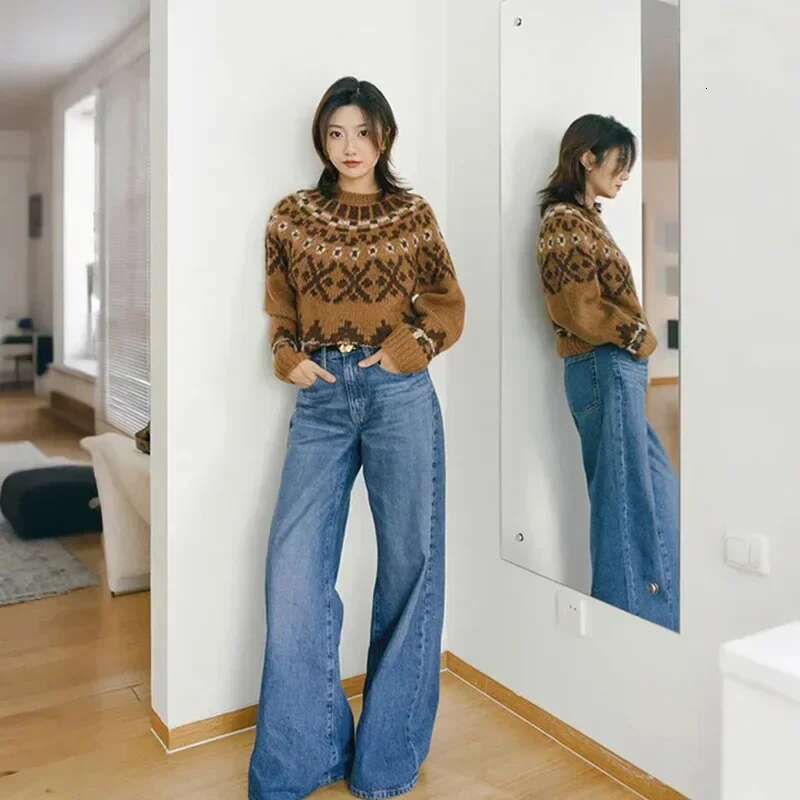 Women 2024 New Autumn And Winter Fair Isle Jacquard Pullover Sweater/Big Flare Jeans