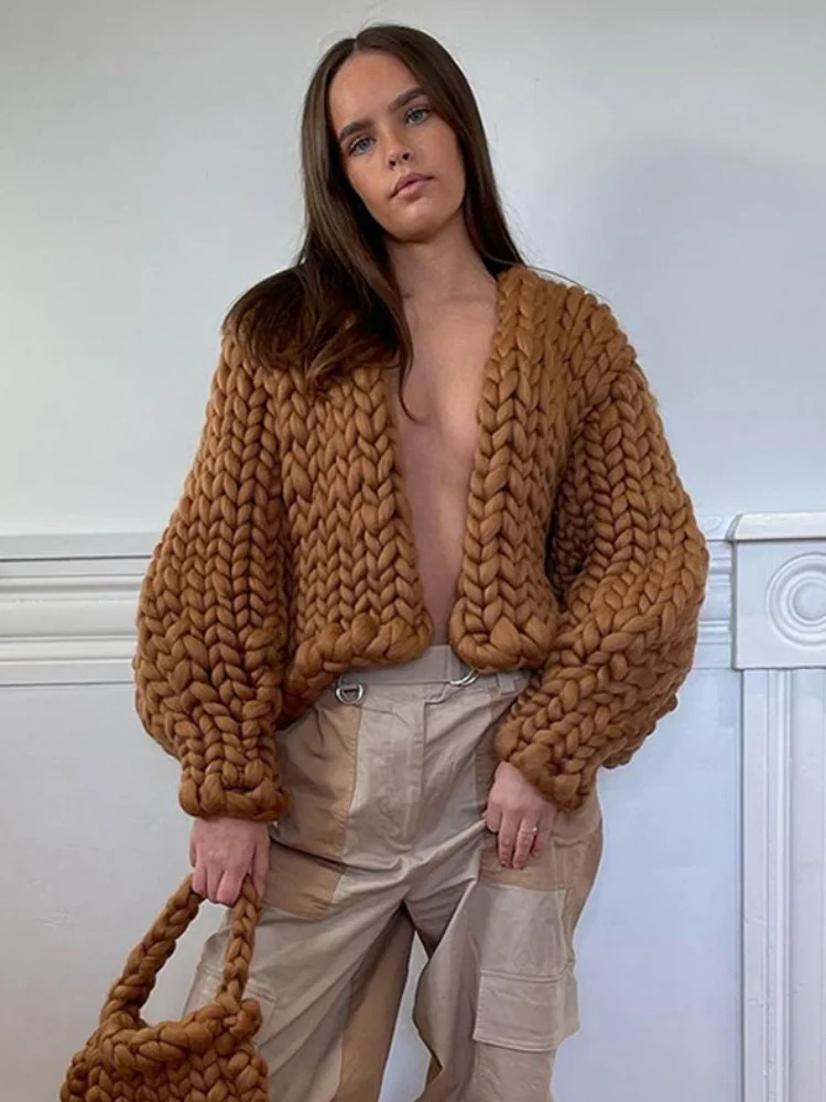 Twist Knitted Cardigan Women Thick Long Sleeve Elegant Solid Casual Sweater Autumn Loose Short Chic Outwear Coat Tops 250106