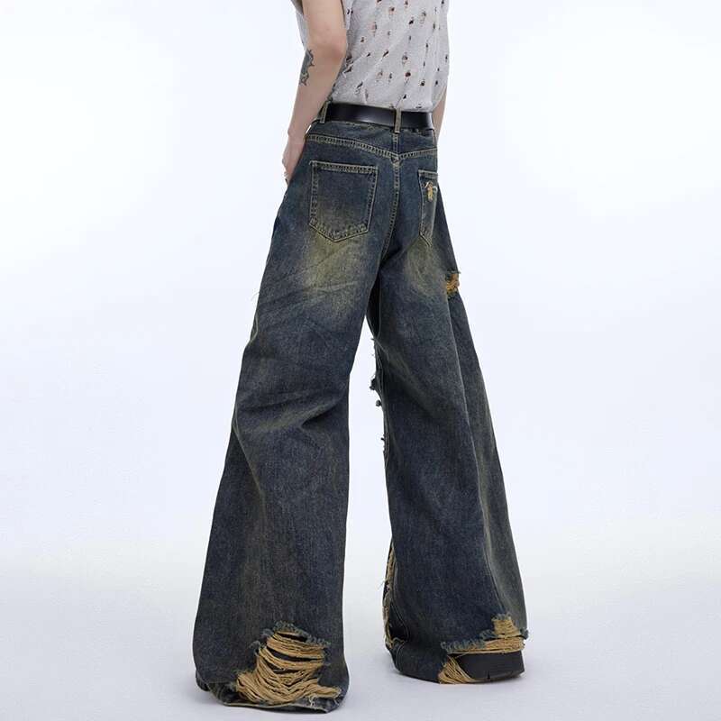 Fashion Wornout Splicing Burr Edge Design Street Denim Pants Men 2024 New Trendy Personalized Original Male Jeans