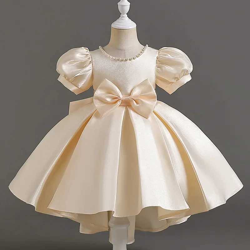 Fashion Solid Color Girl Evening Gown Short Sleeve Bow Kids Dresses for Girls Summer Girls Par Dress 1-10 YearsXJ250108