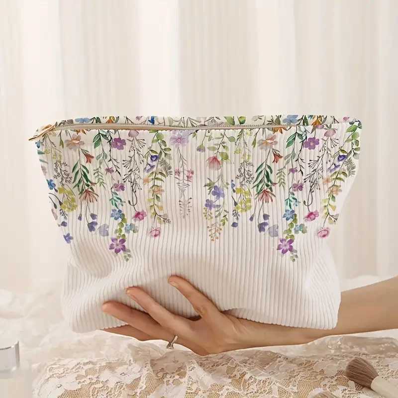 Floral printed Corduroy makeup bag lightweight zipper makeup storage box multifunctional bag with lining W250109