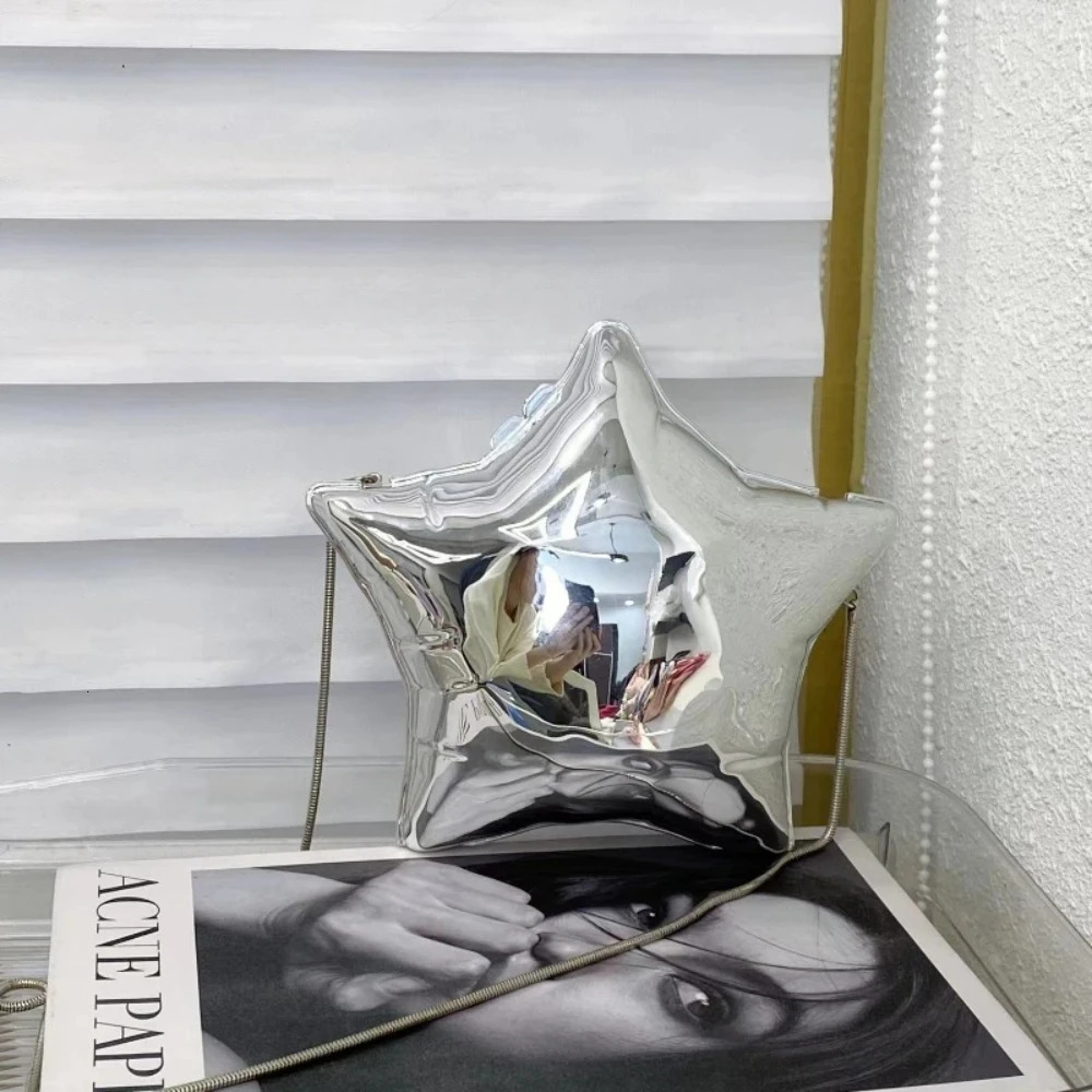 1Pc Nice Gold And Silver Chain Womens Evening Bags 2024 Bright Face Five Pointed Star Shoulder Bag Funny Party Bag 250106